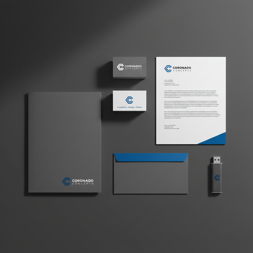 A flat lay of a complete brand identity system for a contemporary tech company designed by Coronado Concepts, carefully arranged on a smooth charcoal backdrop. Included are business cards with soft-touch laminate, a letterhead with precise grid-aligned text, an envelope with a vibrant accent flap, a minimalist presentation folder, and a sleek USB drive, all featuring a consistent logo and color palette of cobalt, white, and graphite. A subtle desk lamp off-frame casts soft, directional light from the top left, creating crisp yet gentle shadows that define each object’s form. The scene feels polished and highly organized, evoking precision and reliability. Shot from directly overhead with sharp focus, the photographic style is clean, professional, and ideal for showcasing comprehensive branding packages.