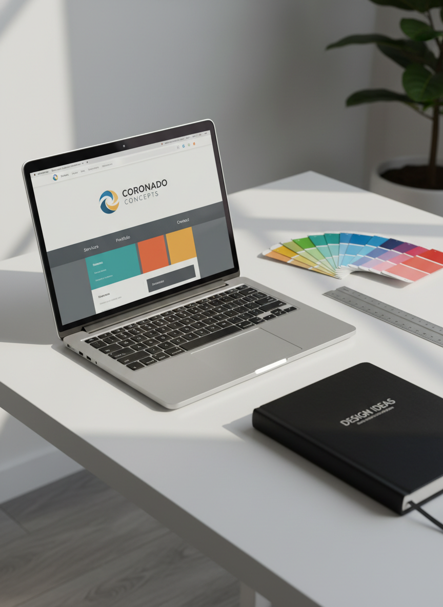 A sleek, ultra-thin silver laptop open to a vibrant web design mockup featuring the Coronado Concepts logo, resting on a pristine white desk with a subtle matte finish. Around it, neatly arranged are color swatch cards, a metal ruler, and a black sketchbook with embossed typography. Soft daylight enters from an unseen window on the left, creating gentle, directional shadows that emphasize clean lines and textures. The mood is professional and focused, with a calm, modern studio atmosphere. Captured at an eye-level, slightly angled three-quarter view, with shallow depth of field that keeps the laptop and nearby tools in crisp focus while the background fades into a soft, photographic blur. The visual style is clean, minimalist photographic realism, ideal for a design portfolio homepage hero image.