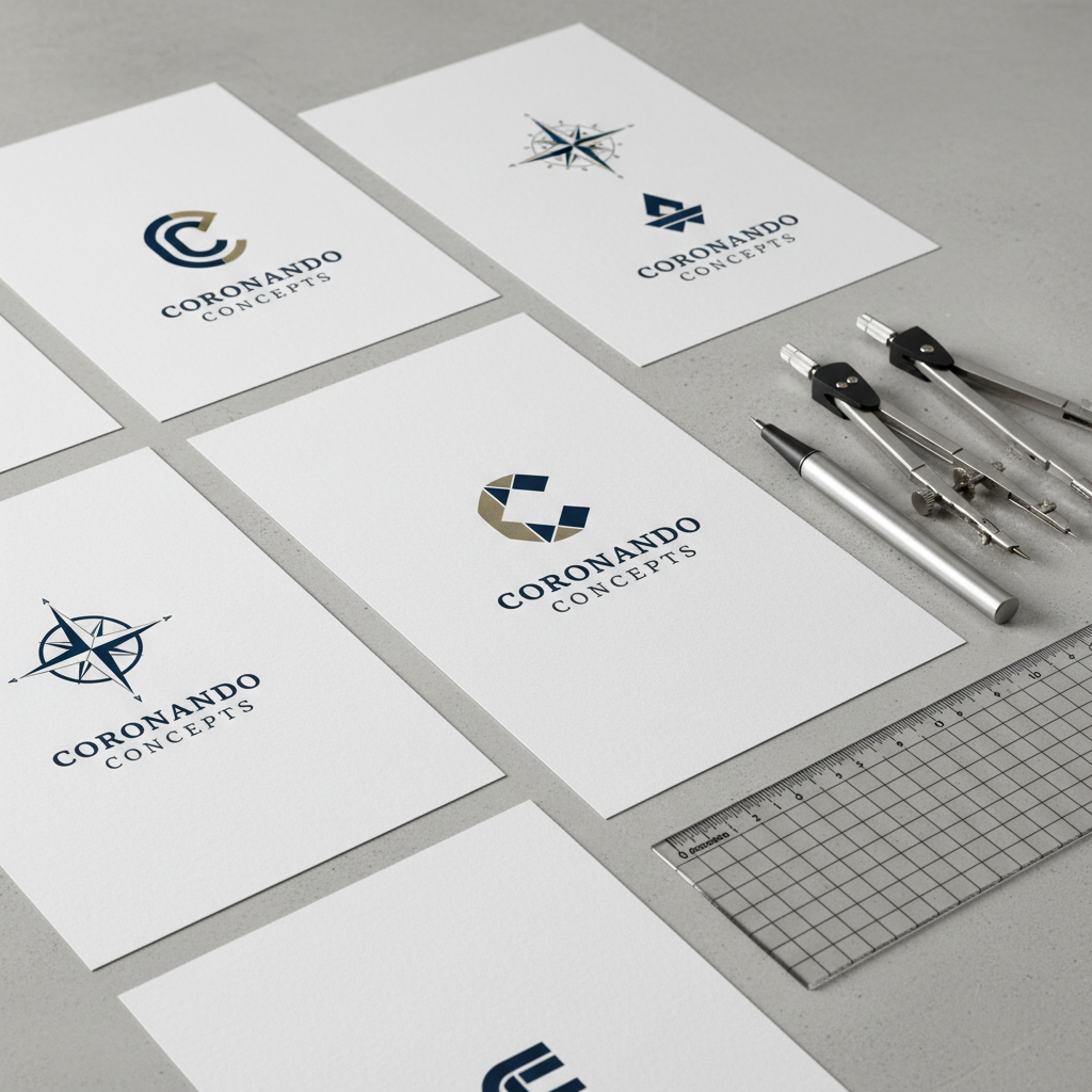 A collection of meticulously printed logo concepts for Coronado Concepts spread across a smooth, light concrete tabletop, each on thick, textured white cardstock. The logos feature geometric marks and refined typography in navy, charcoal, and muted gold. Beside them, a brushed aluminum pen, a pair of precision compasses, and a transparent acrylic grid ruler are carefully placed. Cool, diffused overhead studio lighting creates even illumination with subtle shadows accenting the paper edges and tool contours. The mood is deliberate and thoughtful, emphasizing process and craft. Shot from a slightly elevated top-down angle with sharp focus across the entire frame, the composition uses rule of thirds to highlight the central logo sheet. The photographic style is clean, modern, and professional, perfect for showcasing branding and identity design work.