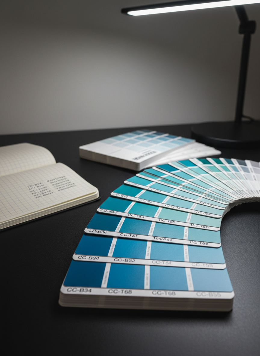 A detailed close-up of a high-end Pantone fan deck fanned open across a matte black desk, with particular emphasis on a sequence of blues and teals used by Coronado Concepts. The thick paper swatches reveal subtle texture and precise printed codes. To the side, a small, open notebook shows neatly ruled color notes and hex values written in fine black ink. A slim LED desk lamp outside the frame casts a clean, neutral white light from the top right, producing defined yet soft-edged shadows that enhance the forms. The atmosphere is meticulous and technical, underscoring color theory expertise. Photographed from a low, side angle with a shallow depth of field, the front swatches are in razor-sharp focus while the deck gradually blurs into the background for an elegant, professional look.