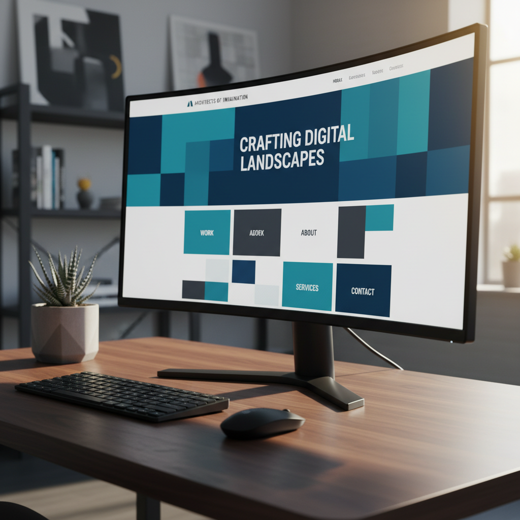 An ultra-wide, high-resolution monitor displaying a full-screen website layout for a creative client, with a refined grid, balanced white space, and bold accent color blocks in teal and deep blue. The monitor sits on a dark walnut desk with a satin finish, accompanied by a wireless keyboard, a minimalist black mouse, and a small concrete planter holding a structured succulent. Warm afternoon light filters in from the right, catching the monitor’s edges and creating a soft reflection on the desk surface. The background fades into a subtle, out-of-focus design studio setting with shelving and neatly stacked books. Captured from a slightly low, cinematic angle, the composition emphasizes the screen and its detailed interface. The photographic realism and modern aesthetic convey professionalism and digital design expertise.