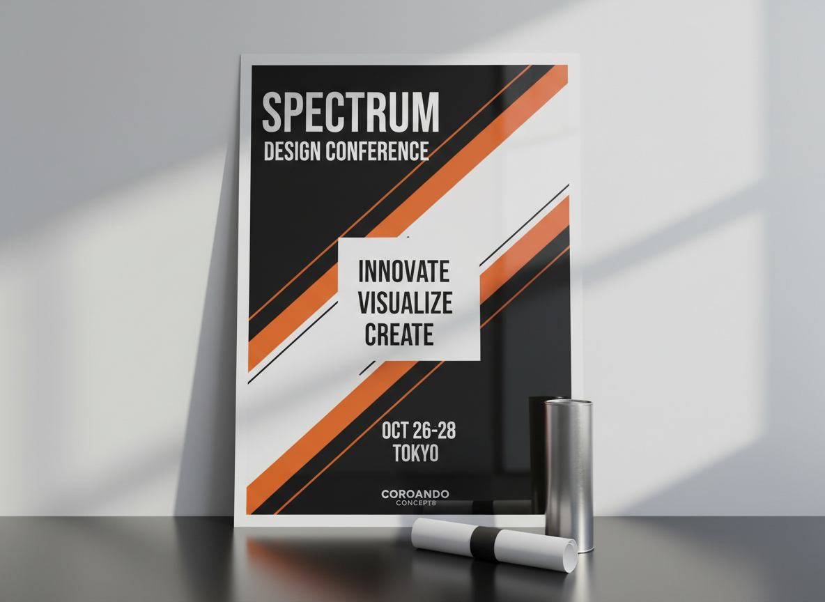 A large, glossy poster mockup for a design conference, created by Coronado Concepts, mounted on a frameless board resting against a smooth light-gray studio wall. The poster features bold, asymmetric typography, dynamic diagonal lines, and a restrained palette of black, white, and electric orange. In front of it, a rolled duplicate poster secured with a black paper band lies on a matte black table surface, alongside a metal tube container with a subtle brushed texture. Directional studio lighting from above and slightly to the right produces crisp shadows and a gentle sheen on the glossy paper, emphasizing print quality. The atmosphere is bold and energetic yet controlled. Captured at a straight-on, eye-level angle with a moderate depth of field, the photographic image highlights the poster as the central hero, ideal for a graphic design portfolio feature.
