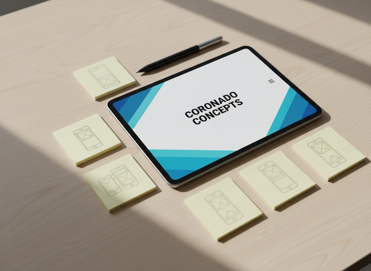 A minimalist tablet lying on a pale ash-wood desk, displaying a responsive mobile version of a Coronado Concepts website design with clean typography, ample white space, and a gradient accent in ocean blue tones. Around the tablet, neatly aligned sticky notes with tiny wireframe sketches and a slim black stylus create a sense of organized ideation. Soft, overcast natural light from a nearby window produces even illumination without harsh contrast, casting soft, elongated shadows that make everything feel calm and intentional. The mood is thoughtful and modern, hinting at user experience design and mobile-first thinking. Shot from a gentle overhead angle with a subtle vignette and shallow depth of field that keeps the tablet crisp while softening the edges of the frame. The photographic style is clean, contemporary, and highly professional.