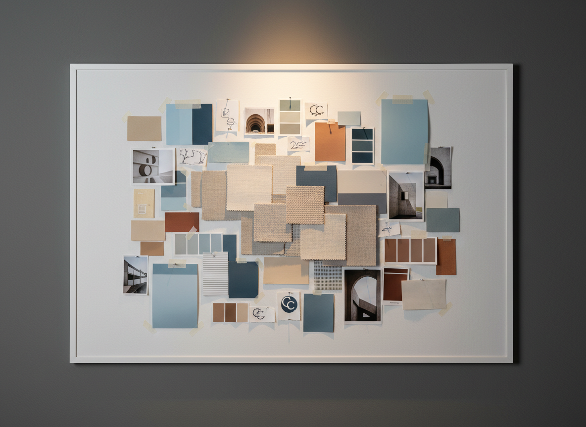 A pristine white corkboard mounted on a matte charcoal wall, covered with pinned brand moodboard elements for a Coronado Concepts project: fabric texture swatches, printed color chips in cool blues and warm neutrals, tiny logo sketches, and neatly cropped magazine clippings of architectural forms. Thin silver pushpins and precise masking tape strips hold each item in place. A narrow beam of warm spotlight from above accentuates the central cluster of elements, leaving the outer edges softly in shadow. The mood is creative yet orderly, showcasing conceptual thinking and visual exploration. Captured straight-on with sharp focus and a slightly wide frame, the photographic realism and professional, curated aesthetic make this ideal for illustrating the early stages of visual design development.