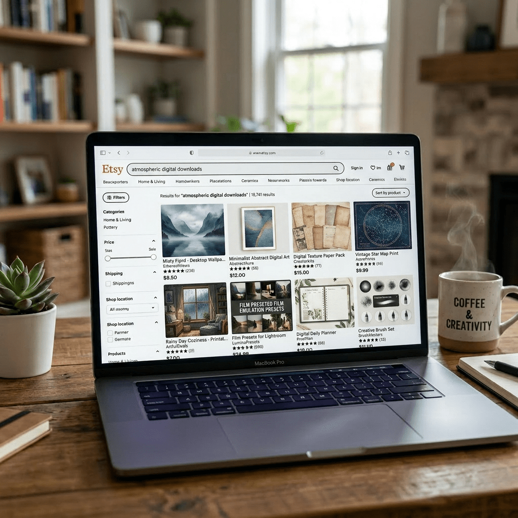 Etsy website showing handmade ceramics search results on a laptop screen
