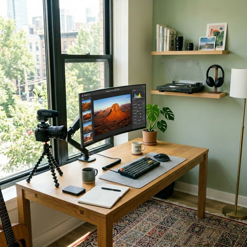 Person working on video editing software at a home desk with camera and coffee